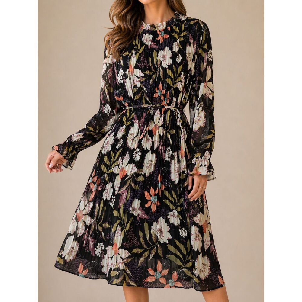 Böhme Floral Pleated Midi Dress Long Sleeve Black Boho Romantic Size M
